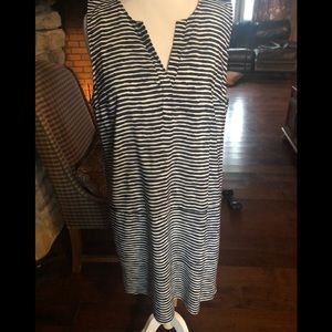 Navy and white striped shift dress.